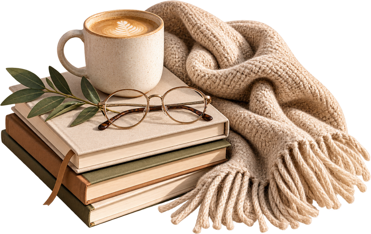 Een stapel boeken met een kop koffie, een leesbril, een olijftakje en een zachte deken.