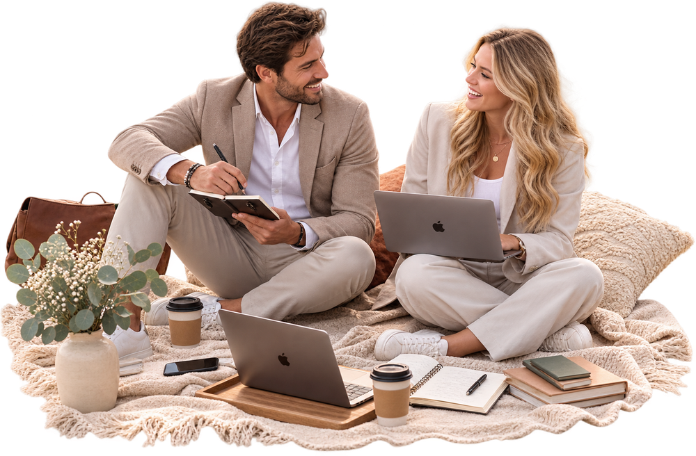 Twee collega's die samen buiten met laptops werken en overleggen