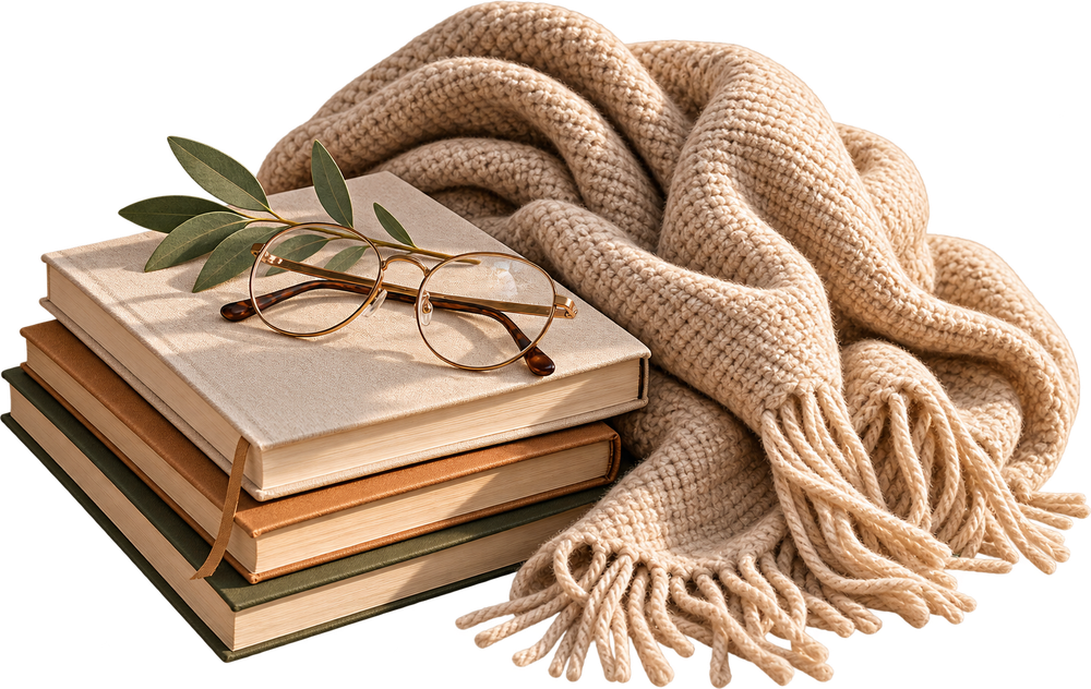 Een stapel boeken met een leesbril, een olijftakje en een zachte deken.